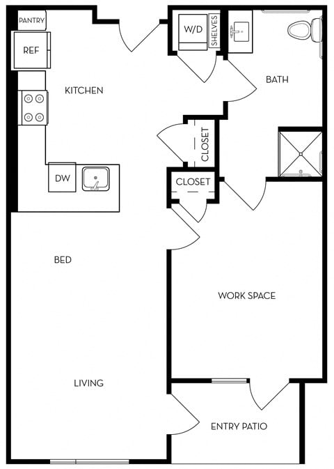Floor plan for 1 bed, 1 bath, 738 sqft